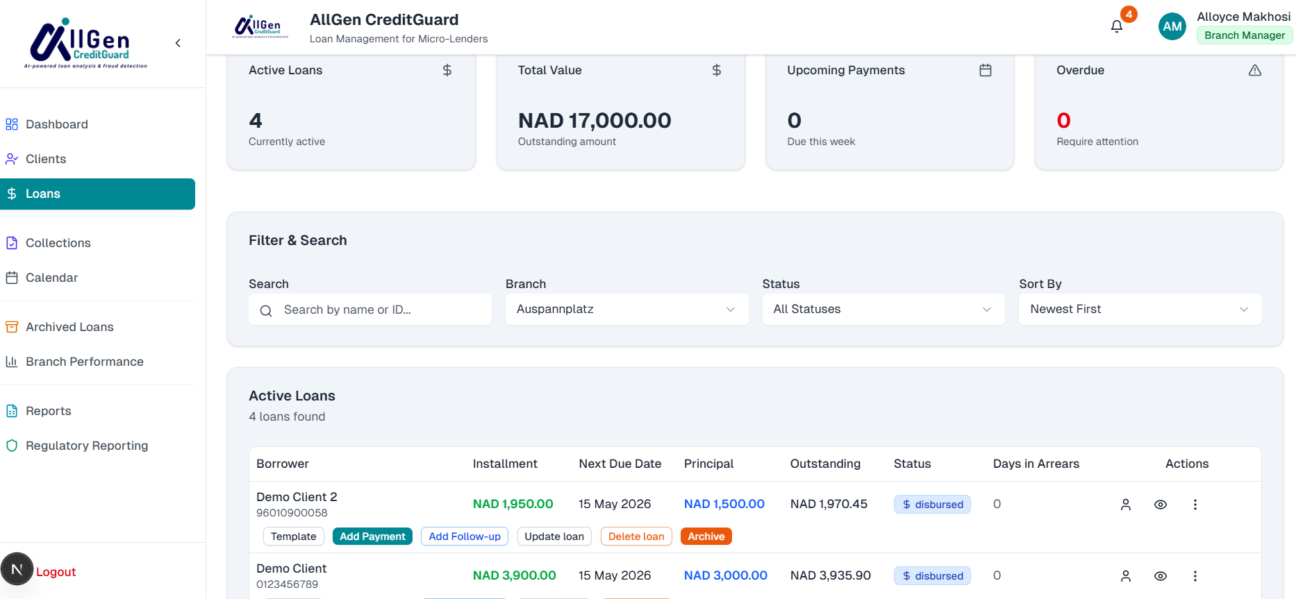 CreditGuard loans management view